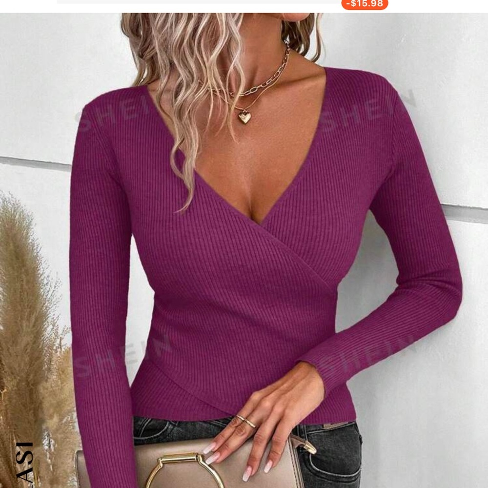 SHEIN Purple Ribbed Wrap Top